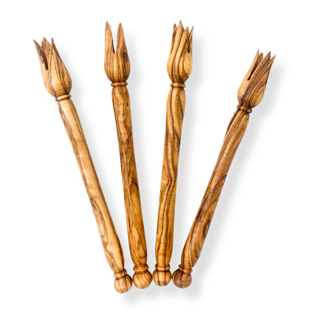 Cocktail Forks - Handcrafted Party Snack Pickers, Hand Carved Olive Wood Set of 4 Wooden Olive Forks, Olive Pickers Cheese Forks