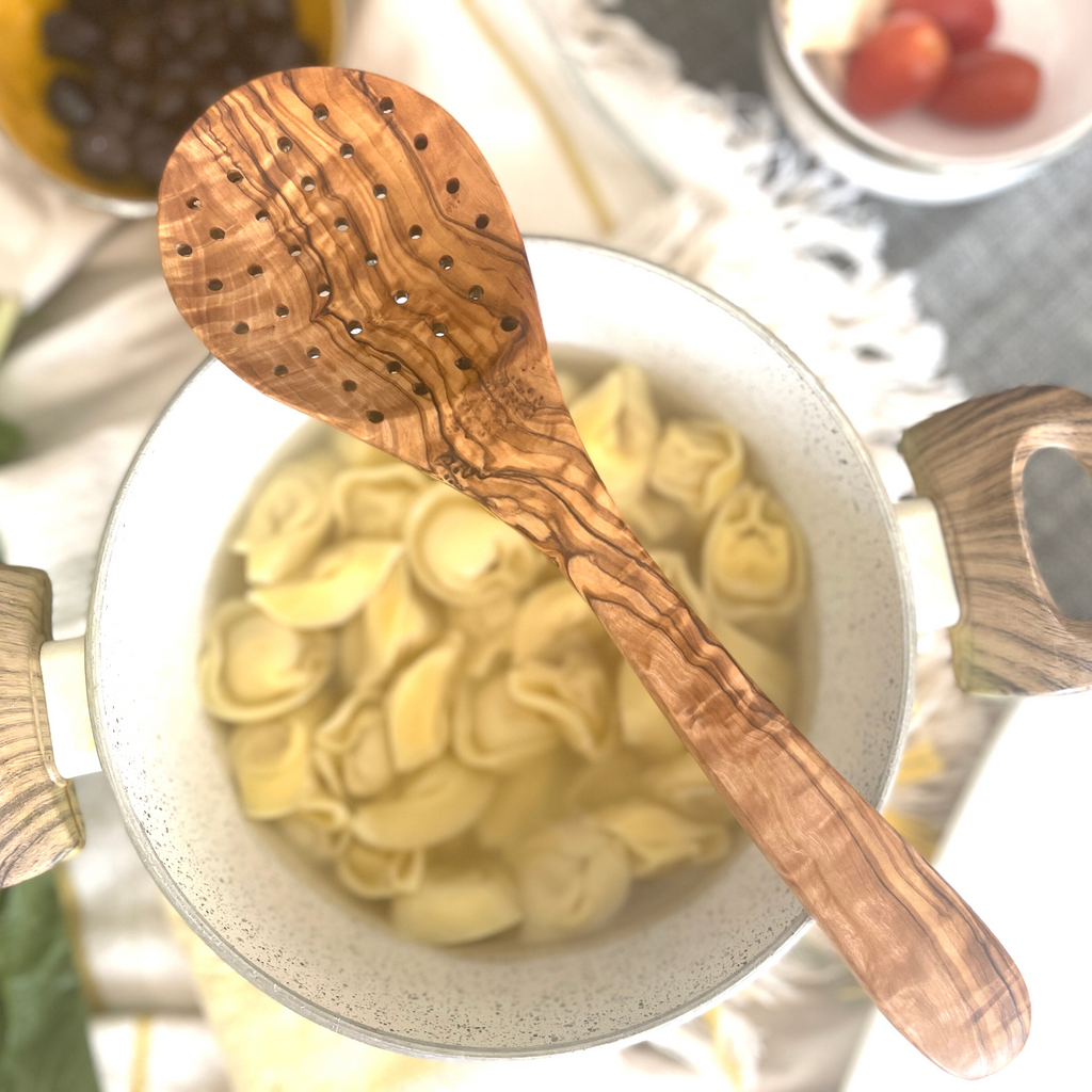 BeldiNest Olive Wood  Strainer Spoon for Cooking, Slotted Spoons, Handmade Colander Spoons, Wooden  Skimmer Spoons Great for Brewing, Grill, and Stirring - Solid Natural Olive Wood Long Spatula 12-inch