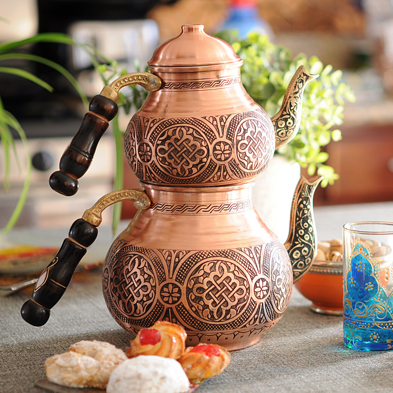 Hand Chiseled Wide Base Arabesque Copper Moroccan Teapot- Silver Plated