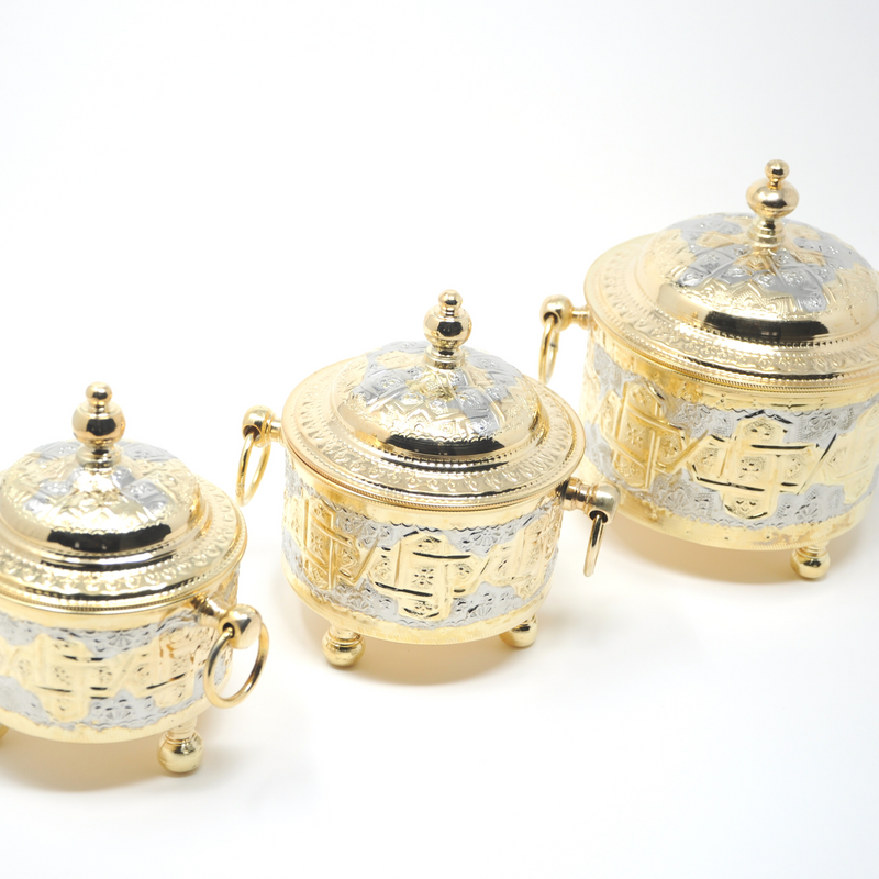 Hand Chiseled Set of Three Barrel Copper Kitchen Canisters- Gold & Silver