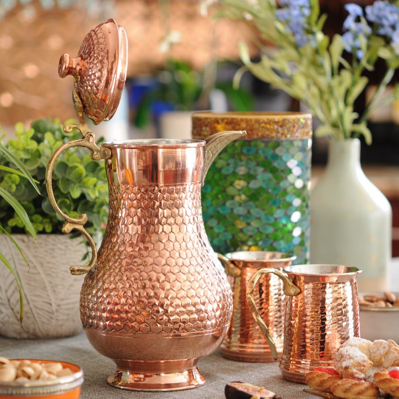 BeldiNest Hand Chiseled Honeycomb Round Copper Pitcher Heavy gauge 1 mm thick- Capacity: 73 FL oz. (9.13 cups)