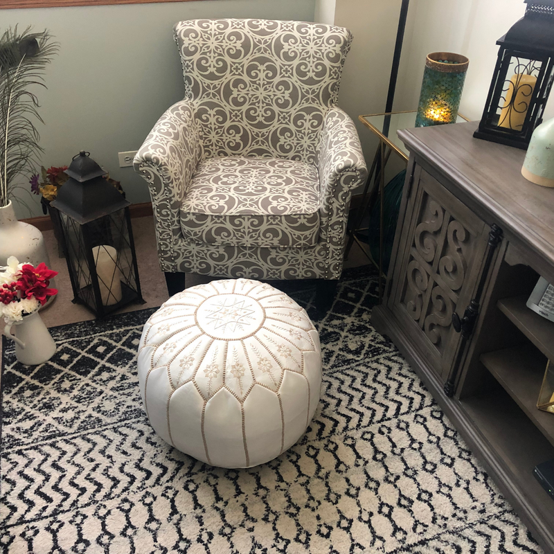 Moroccan Leather Pouf- White Flower
