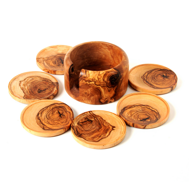 Olive Wood 6 piece round Coaster Set with holder- Unique wooden coasters for drinks- handmade wooden coaster set for coffee table, dining table, bar. 3"