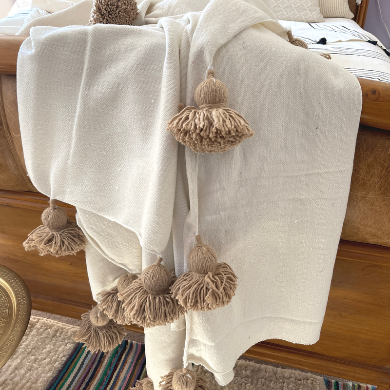 Moroccan Cotton Throw  Handwoven Blanket with Pom Poms at the End - 118"x78