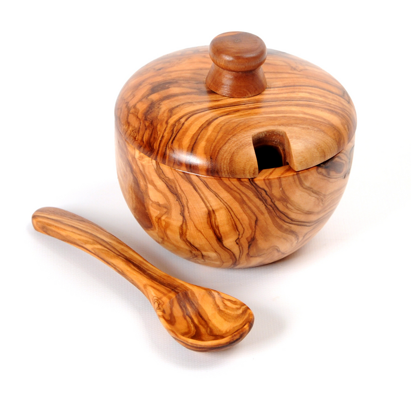 Wooden Sugar Bowl with Coffee Spoon - Handcrafted Olive Wood Coffee Canister