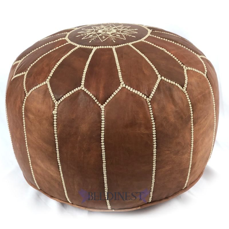 Embroidered Moroccan Leather Pouf- Natural