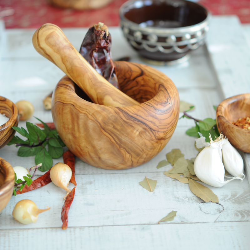 BeldiNest Olive Wood  Mortar and Pestle Set, Perfect for Guacamole, Salsa, Herb Crusher, Grind and Crush Spices and Nuts to Release Flavor Create an Array of Dips, Marinades - 3" to 5"