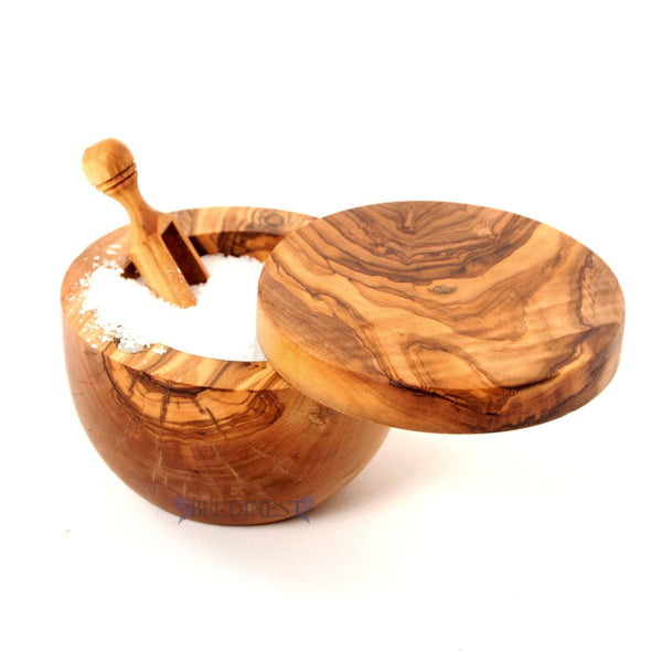 BeldiNest Olive Wood Salt or Spice Box with Swivel Cover Cellar