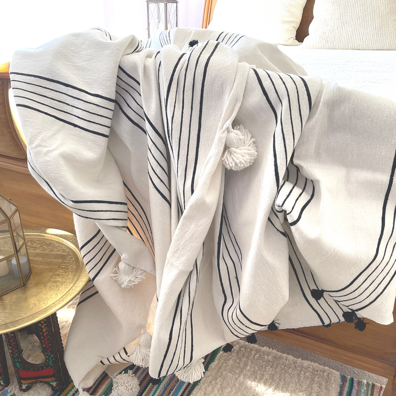 Moroccan Cotton Blanket Striped-Handwoven Throw- Tatouan 118"x78"