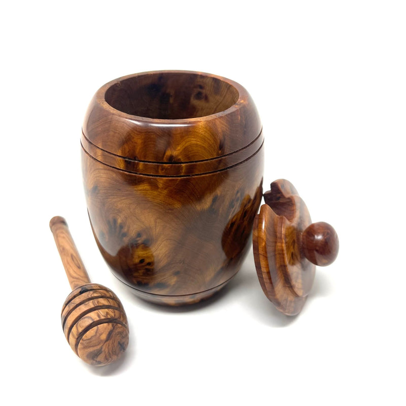 Thuya Burl Wood Honey Jar & Olive Wood Dipper