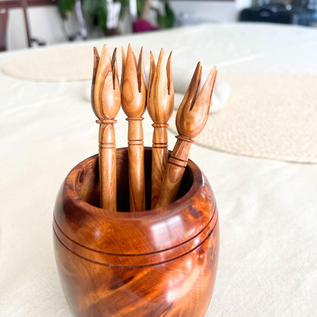 Cocktail Forks - Handcrafted Party Snack Pickers, Hand Carved Olive Wood Set of 4 Wooden Olive Forks, Olive Pickers Cheese Forks