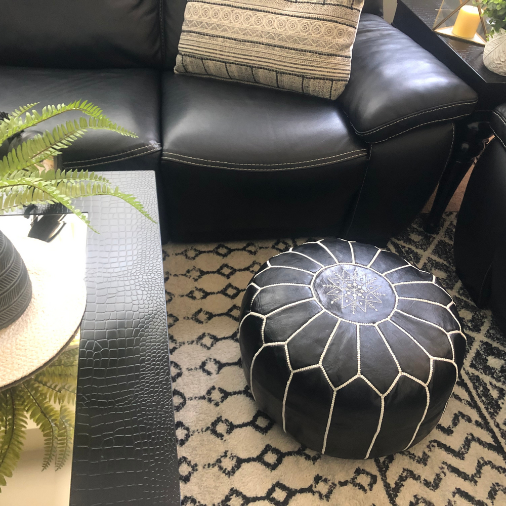 Moroccan leather pouf.moroccan pouf.leather ottoman pouf.ottoman pouf.pouf.foostoom blak and factory whitr