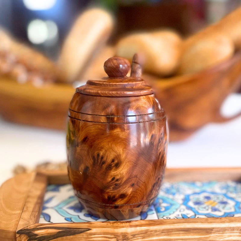 Thuya Burl Wood Honey Jar & Olive Wood Dipper