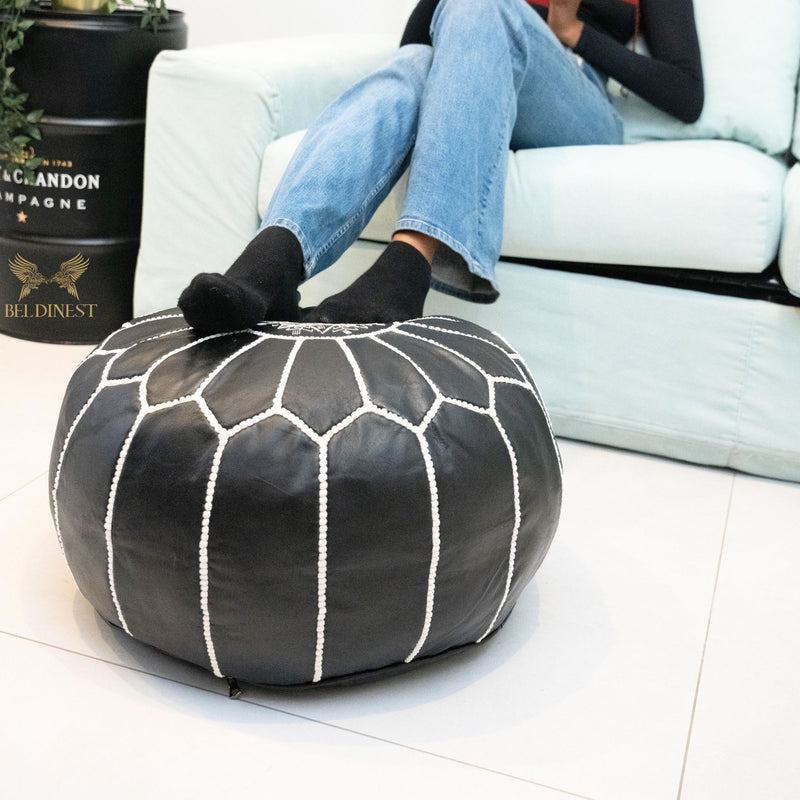 Embroidered Moroccan Leather Pouf- Black with White Stitching