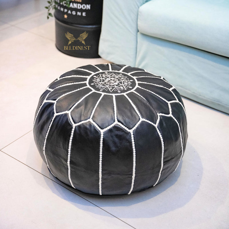 Embroidered Moroccan Leather Pouf- Black with White Stitching