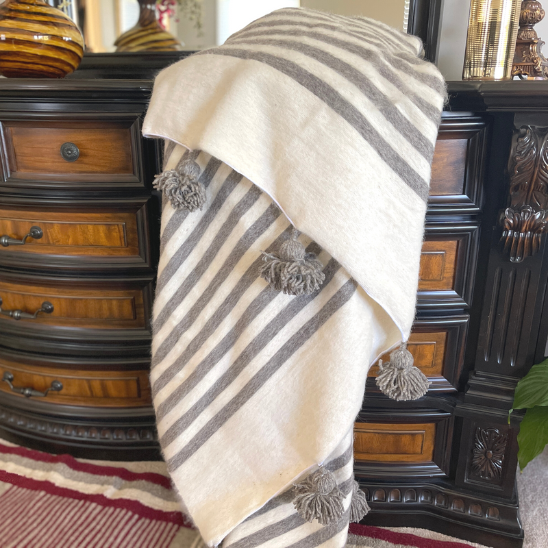 Hand Woven Moroccan Wool Blanket  Off White Striped- 118"x78"