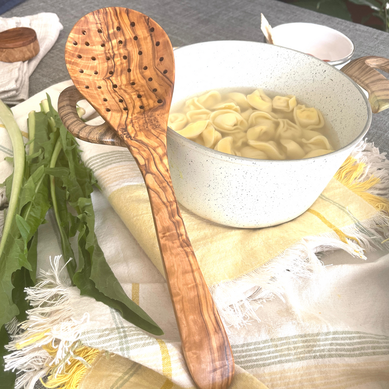 Olive wood strainer spoon, skimmer