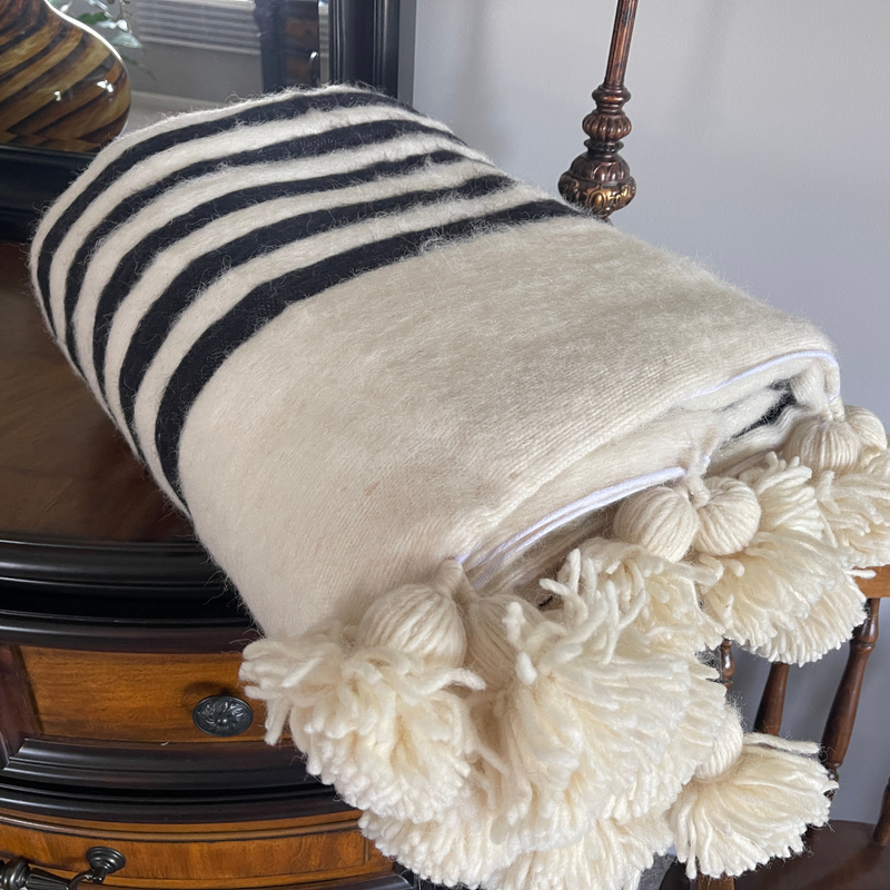 Hand Woven Moroccan Wool Blanket  Off White Striped- 118"x78"