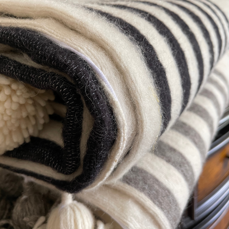 Moroccan Wool Blanket Hand Woven Off White With Stripes 118 x78 BeldiNest