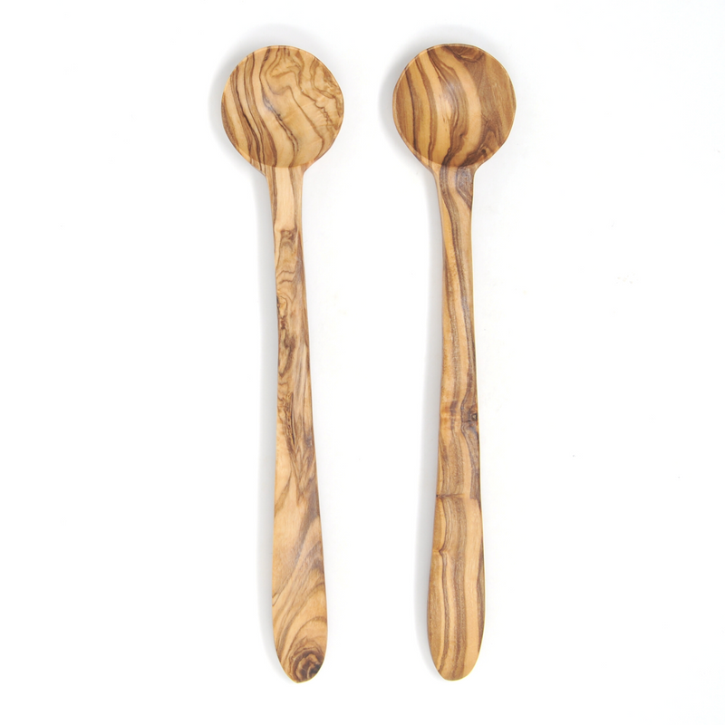 BeldiNest Large Olive Wood set of 2 Spoon and Strainer Wooden Big Mouth Spoons for Brewing, grilling, and Stirring - Solid Natural Hard Wood Long Spatula - 12"