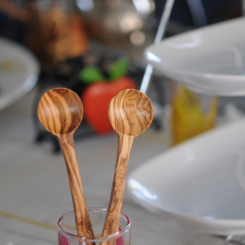 Hand Carved Olive Wood Set Of Five Utensil Kitchen Tools: Spoon, Fork, Sauce Spoon, Pierced Sauce Spoon, Flat Spatula By BeldiNest
