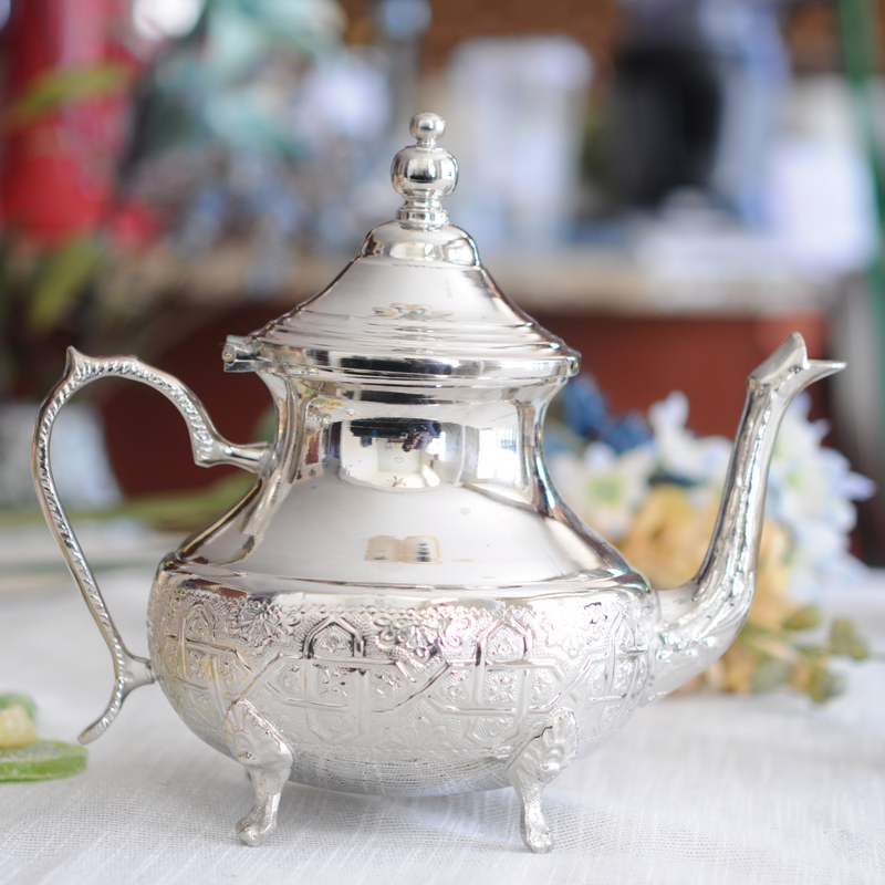 Hand Chiseled Wide Base Arabesque Copper Moroccan Teapot- Silver Plated