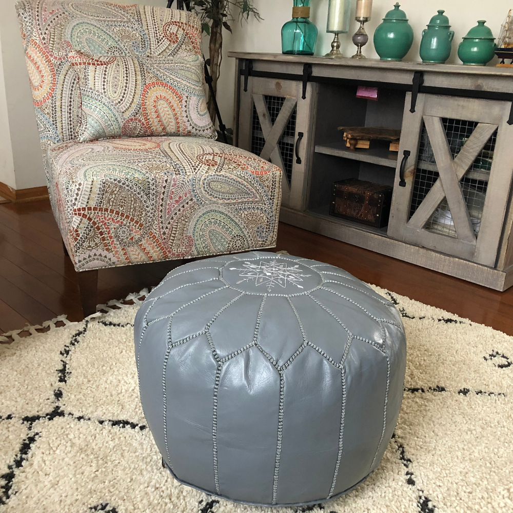 Gray on sale leather pouf