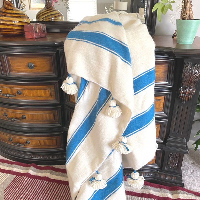 Hand Woven Moroccan Wool Blanket  Off White Striped- 118"78"