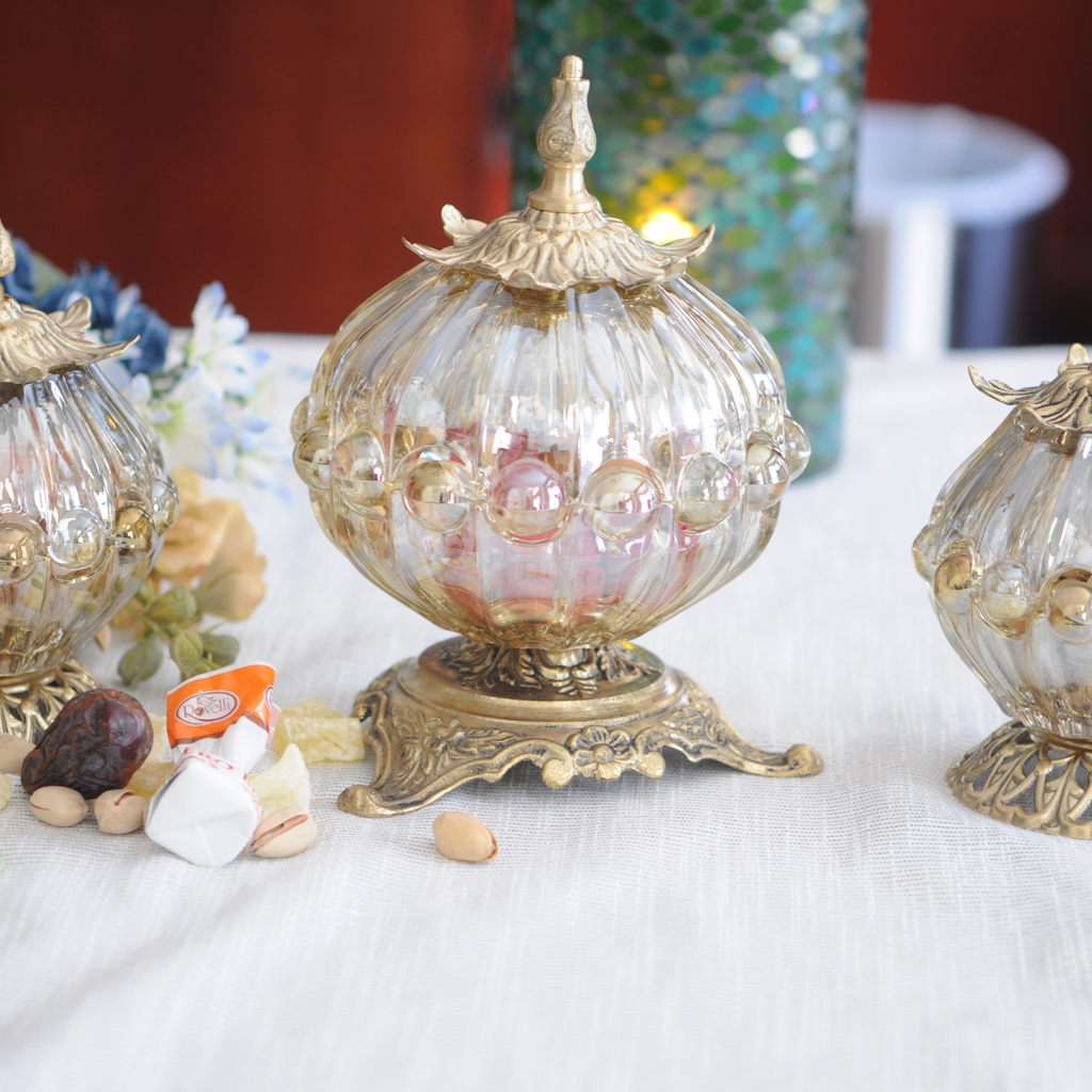 Set of 3 Hand Made Golden Glass Globe Bowl Kitchen Canisters