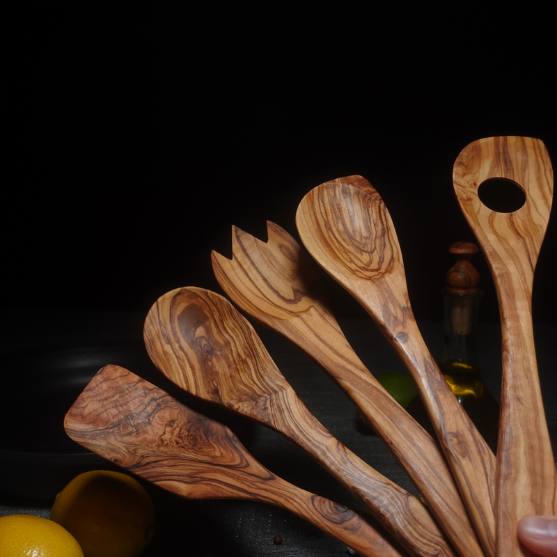 Wooden Utensil Set of 5- Olive Wood Spoon,Pointed Spoon,  Risotto Spoon, Spork and Spatula - 12"