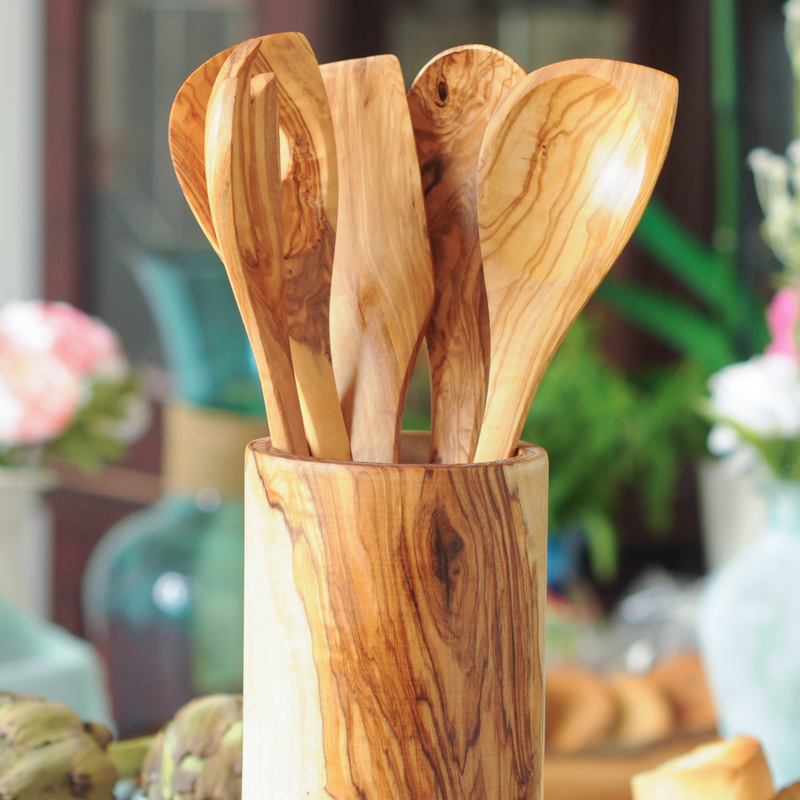 Wooden Utensil Set of 5- Olive Wood Spoon,Pointed Spoon,  Risotto Spoon, Spork and Spatula - 12"