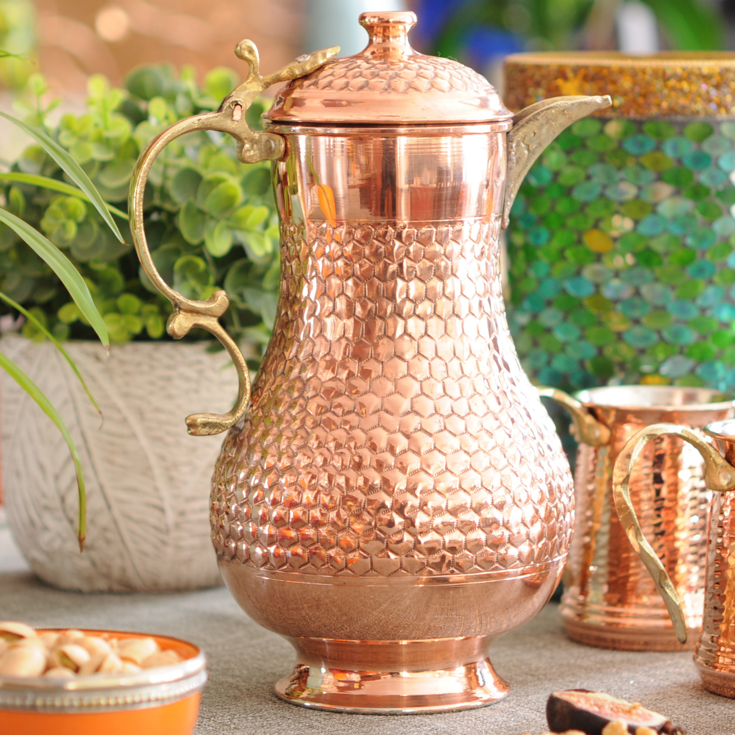 BeldiNest Hand Chiseled Honeycomb Round Copper Pitcher Heavy gauge 1 m