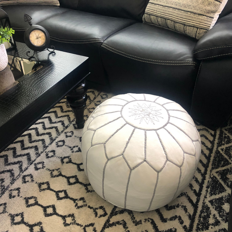 Embroidered Moroccan Leather Pouf- White with Grey Stitching
