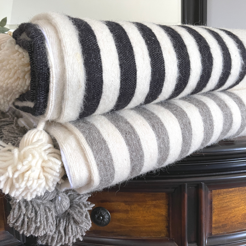 Moroccan Wool Blanket: Hand-Woven, Off-White with Stripes - 118x78 Grey