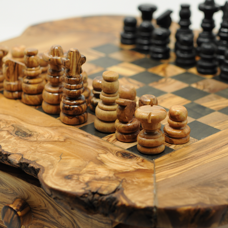 olive wood chess board with drawer