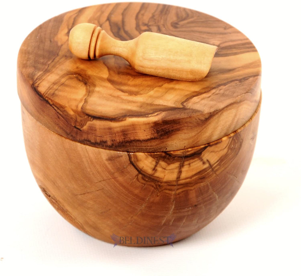 BeldiNest Olive Wood Salt or Spice Box with Swivel Cover Cellar