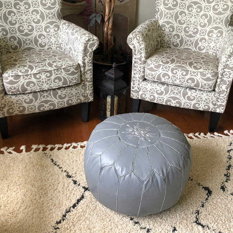 Embroidered Moroccan Leather Pouf- Grey