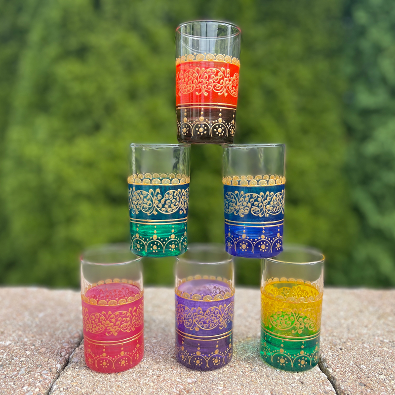 Hand Painted 6 Tea Glasses, Moorish Teacups Moroccan Tea Glasses