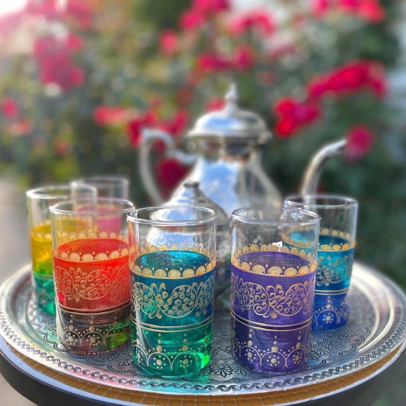 Hand Painted 6 Tea Glasses, Moorish Teacups Moroccan Tea Glasses