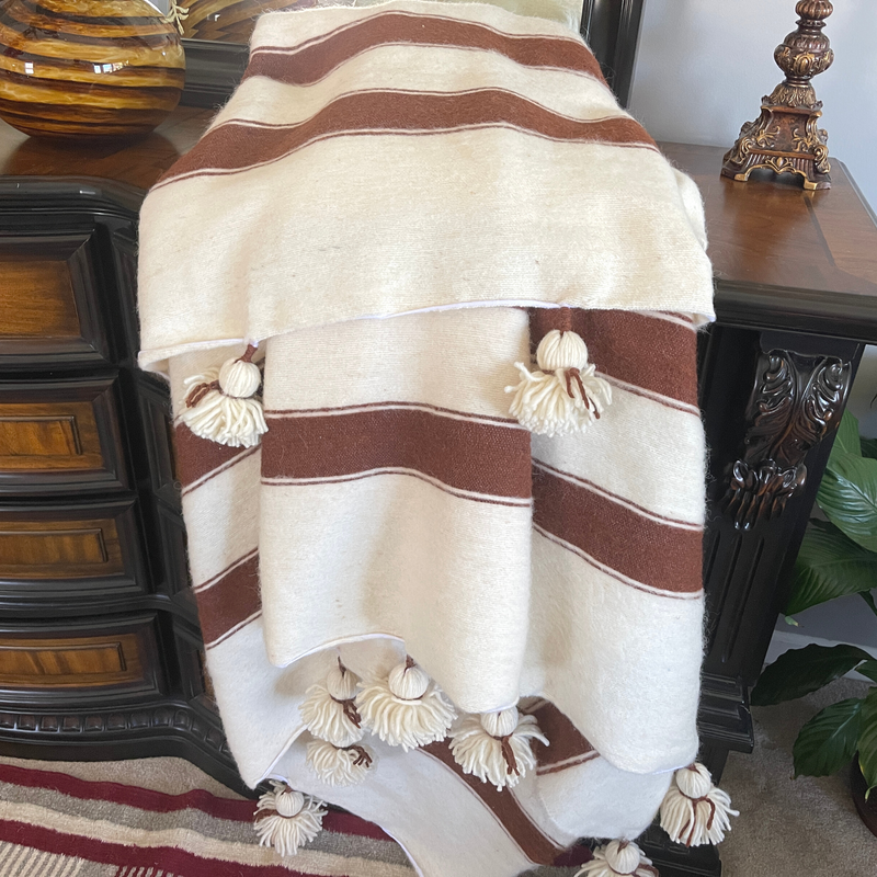Hand Woven Moroccan Wool Blanket  Off White Striped- 118"78"