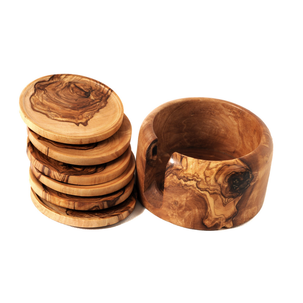 World Menagerie Striped Nature Wood Coaster Set with Holder