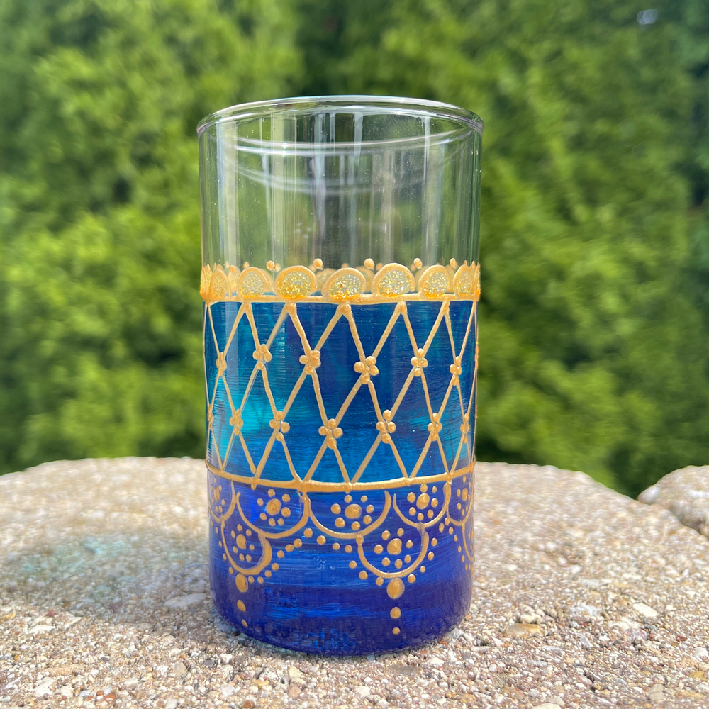 Moroccan Tea Glasses Blue & Gold Beautiful Classical Design Hand
