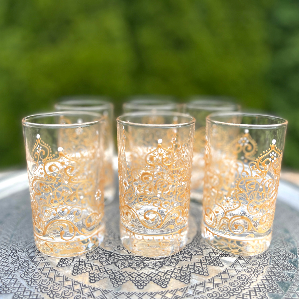 Hand Painted Tea Glasses Set- Beautiful Gold French Scroll Glass Teacups