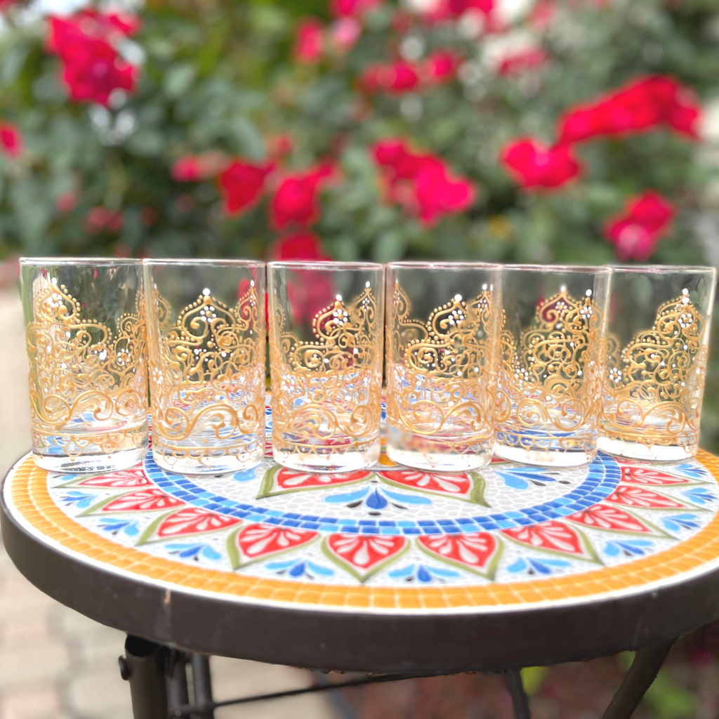 Hand Painted Tea Glasses Set- Beautiful Gold French Scroll Glass Teacups