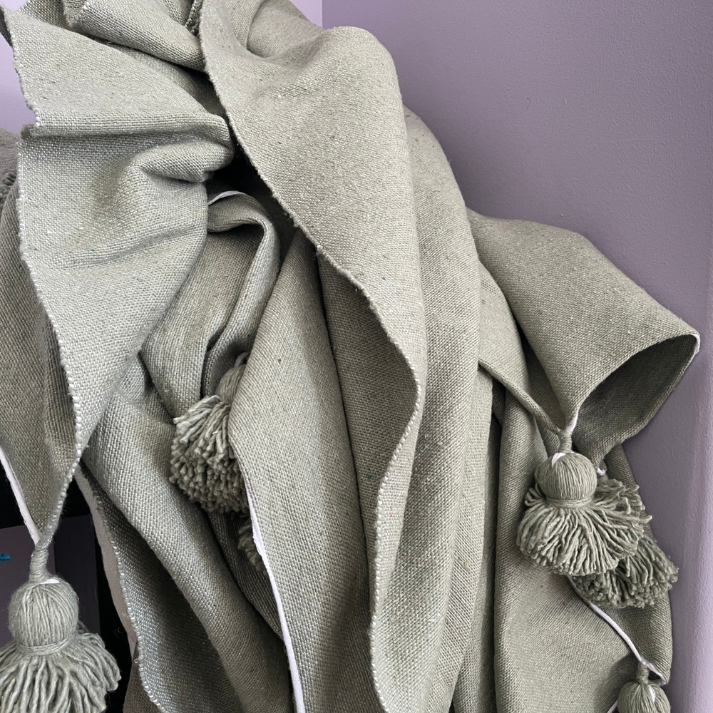 Grey throw blanket discount with pom poms