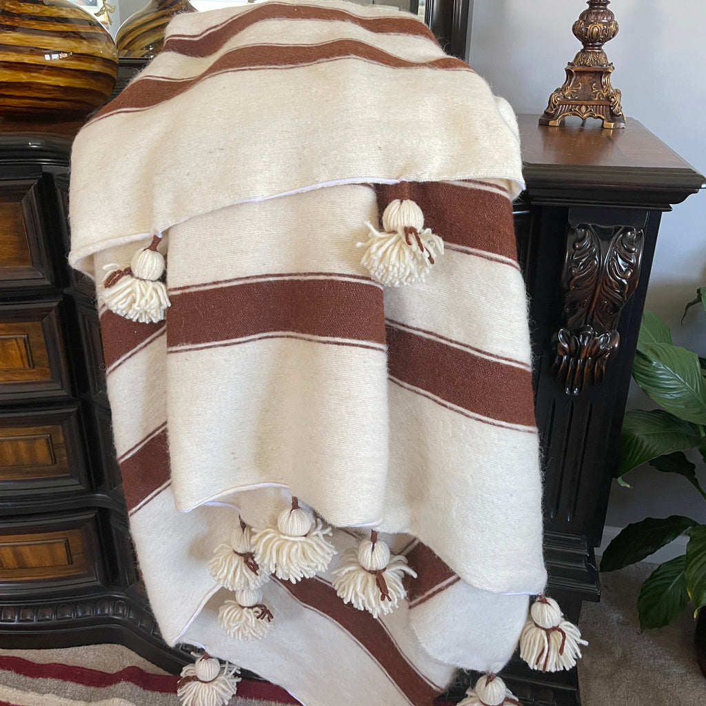 Moroccan Wool Blanket: Hand-Woven, Off-White with Stripes - 118"x78