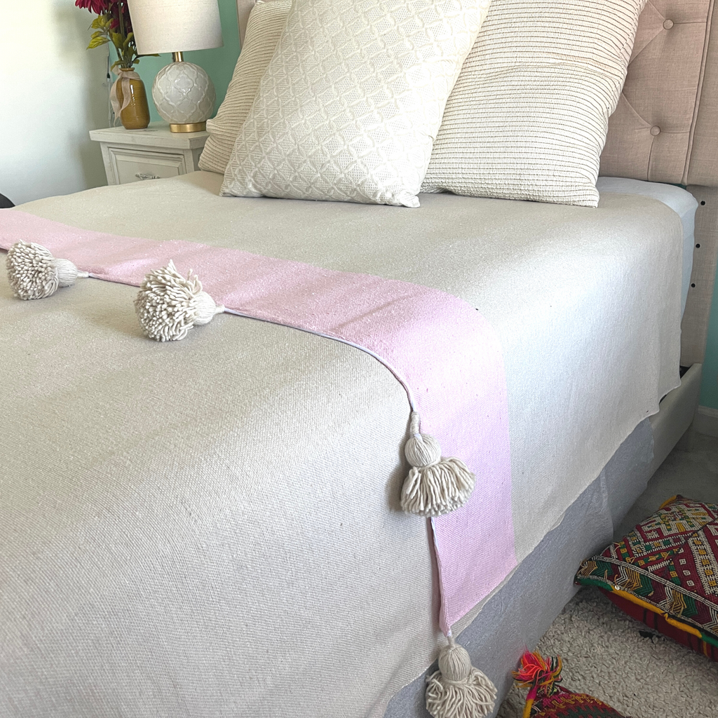 Moroccan Cotton Throw Blanket: Handwoven with Pink Borders at Both Ends - 118"x78
