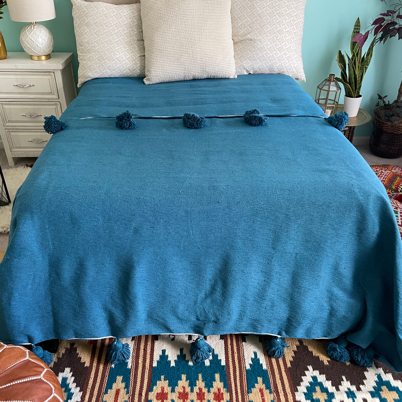 Handwoven Moroccan Cotton Blanket Throw  with Pom Pom 118"x78" - Fes