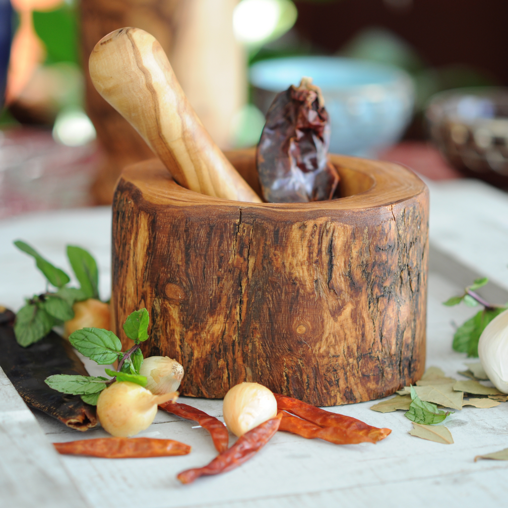 BeldiNest Wooden Pestle & Mortar- Rustic Body -Olive Wood Mortise, Grinding, Crushing, Spices Salts Sugar Herbs and Zests