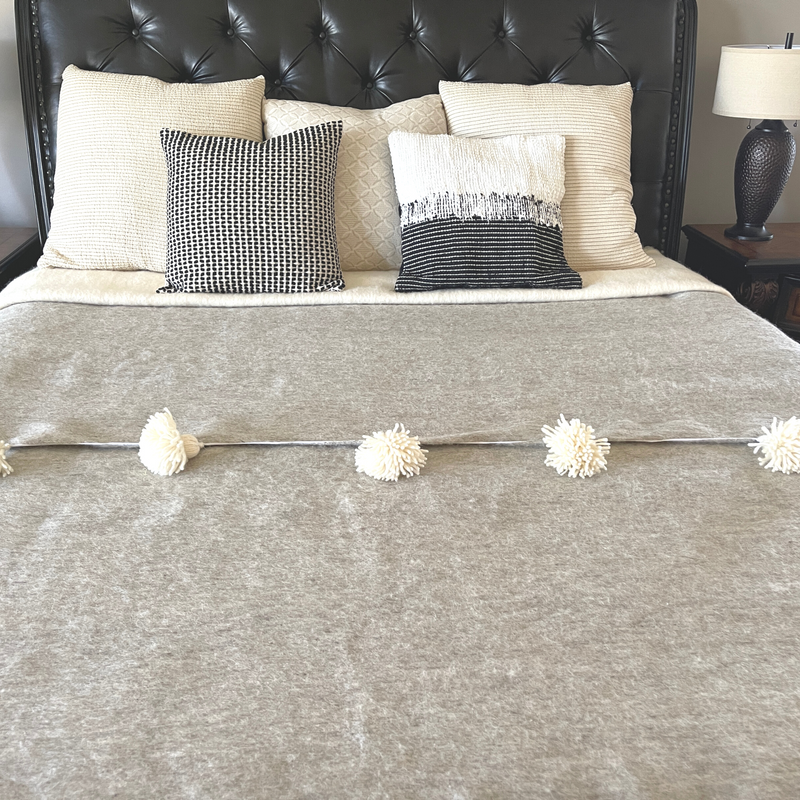 Handwoven Moroccan Wool Blanket in Solid Color with Pom Poms - 118"x78